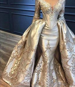 Plus La Taille Arabe Aso Ebi Sirène Robes De Bal Dentelle Perlée Sheer Cou Soirée Formelle Partie Deuxième Réception Robes Robe ZJ267