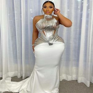 2021 Plus size Arabisch aso ebi witte zeemeermin sexy prom jurken hoge nek satijn elegante avond formeel feest tweede receptie jurken jurk 2844