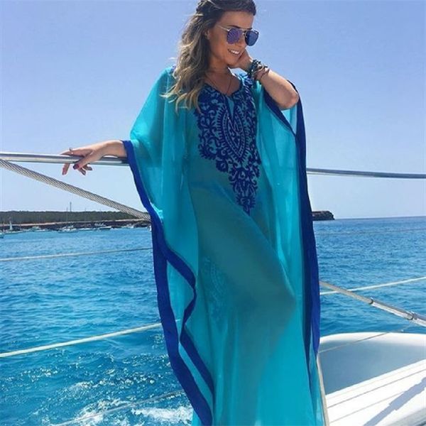 2021 Plus Taille Bleu Brodé Summer Beachwear Mousseline de soie Kaftan Beach Femme Tunique Robe de bain Robe Plage Maillot de bain Cover Up # 210319