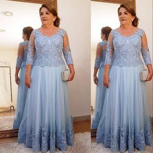 2021 Plus Size Light Sky Blue Mother Off Bride Jurken Kant Applicaties Beaded 3/4 Lange mouwen Vloerlengte Dames Formele Moeders Jads