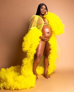 2021 Plus Size Zwangere Dames Helder Geel Moederschap Nachtkleding Jurk Tiered Nachthemden voor Photoshoot Lingerie Bathrobe Nightwear Baby Shower