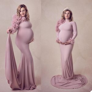 2021 Plus Size Zwangere Dames Moederschap Nachtkleding Jurk Ruche Hoge Hals Nachthonten voor Photoshoot Lingerie Bathrobe Nightwear Baby Shower