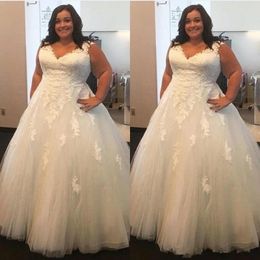 2021 Plus Size Trouwjurken Vloer Lengte Tulle V-hals Bandjes Kant Applique Custom Made Country Beach Bruidsjurk Vestidos de Novia