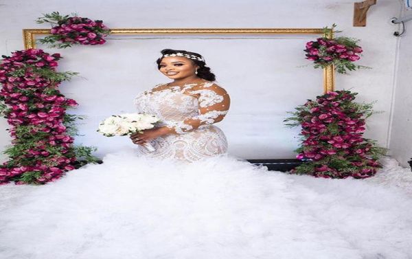2021 Robes de mariée de taille plus dentelle appliques volants tulle balayage train sirène robes de mariée sud-africaine à manches longues robe de mari8462705