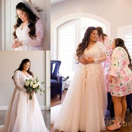 2021 Plus Size Wedding Dresses Long Sleeves Lace Applique Tulle Sweep Train Custom Made Beach Country Wedding Gown vestido de novia