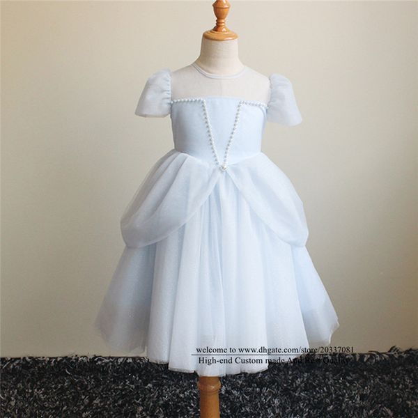 2021 jolie princesse perles fleur fille robes Tulle à manches courtes filles Pageant robe Communion pour mariage fête formelle F02