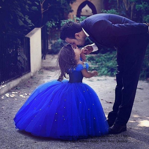 2021 Jolie princesse chérie bleu royal papillon fleur fille robes paillettes tulle filles pageant robe communion pour mariage fête formelle F07