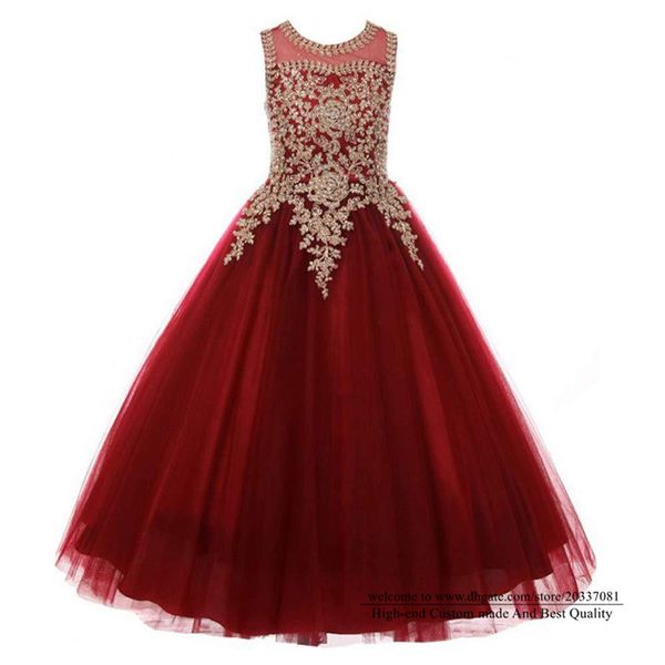 2021 bonita princesa roja apliques lentejuelas vestidos de flores para niñas tul con cordones niñas desfile vestido de comunión para boda fiesta Formal F01