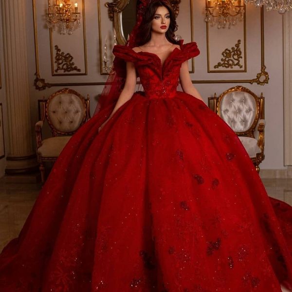 Vestidos de novia rojos de princesa, vestido de baile con volantes, vestidos de novia con lentejuelas de encaje, vestido de novia lujoso de talla grande