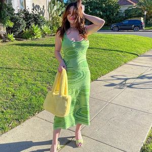 2021 imprimer tricot robe moulante femmes vert été évider Sexy sans manches Spaghetti sangle plage robes mi-longues fête S-XL CF5803