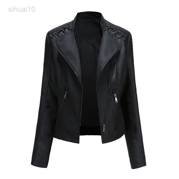 2021 Punk Pu Chaqueta de cuero Mujer Moda Chaquetas de otoño Color sólido Chaquetas cortas de gran tamaño Slim Streetwear Moto Biker Outerwear L220725