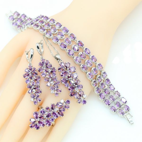 2021 amatista púrpura 925 juegos de joyas de plata para mujer pulsera pendientes collar colgante anillo caja de regalo