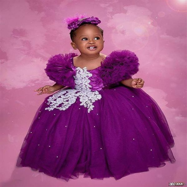 Robes de demoiselle d'honneur en dentelle violette et cristaux, robe de bal en Tulle élégante pour petits enfants, robes de concours d'anniversaire et de mariage, 282j, 2021