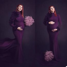 2021 Púrpura Volantes Tallas grandes Señoras embarazadas Ropa de dormir de maternidad Vestido Camisones de cuello alto para sesión de fotos Lencería Albornoz Ropa de dormir Baby Shower