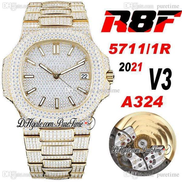 2021 R8F V3 5711 / 1R Cal A324 Reloj automático para hombre Oro amarillo de 18 quilates Diamantes pavimentados Dial Stick Iced Out Pulsera de diamantes Super Edition Relojes de joyería Puretime R8-1b2