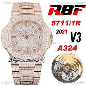 2021 R8F V3 5711 / 1R CAL A324 Automatische Mens Horloge 18 K Rose Gold Place Diamonds Dial Stick Iced Out Bling Diamond Armband Super Edition Sieraden Horloges Puretime R8-1C3