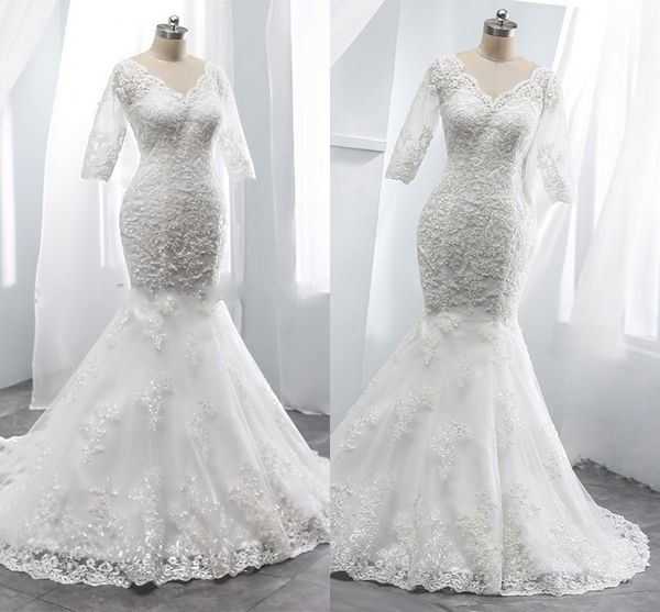 2021 Imagen real Vestido de novia Trompeta Sirena Estilo Medias mangas Ilusión Apliques de encaje Escote en V Sexy V Espalda abierta Vestidos de novia Formal Tallas grandes