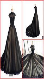 2021 Real Picture Black Champagne Tulle Une robe de bal en ligne High Necolline Cap Sleve Modest Dentelle Appliques Prom Robes Per Boued Muslim 5445113