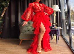 2021 rouge Aso Ebi arabe luxueux dentelle perlée robes de bal sirène manches longues robes de soirée plume formelle fête deuxième réception1017900