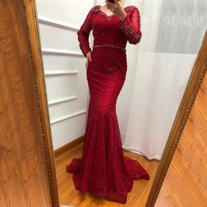 2021 Rode Kralen Parels Mermaid Avondjurken V-hals Prom Jurk met lange mouwen Plus Size Formele Feestjurken