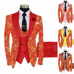2021 Rode Bloemen Gedrukt Pak Mannen 3 Stuks Goud Bruidegom Trouwpak Tuxedo Slim Fit Glanzende Blazer Double Breasted Vest broek Set c2yr #