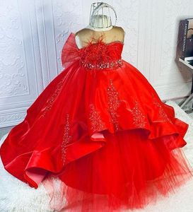 2021 Rouge Luxueux Tutu Fleur Fille Robes Dentelle Perlée Robe De Bal Sheer Cou Tulle Lilttle Enfants Anniversaire Pageant Robes De Mariage ZJ598