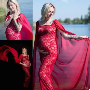 2021 Red Maternity Evening Jurken met Cape Custom Made Prom -jurken doorzien door Photoshot Dress Vestido de Novia