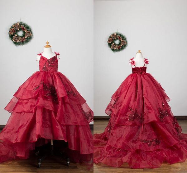 2021 Red Organza Ruffles Vestidos para niñas pequeñas Apliques de cristal Espagueti plisado Vestido formal Adolescentes Ocasión especial Noche de fiesta para niños pequeños