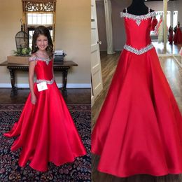 2021 vestidos formales de satén rojo para niñas adolescentes con hombros descubiertos y diamantes de imitación con espalda abierta vestido de niña de flores acampanado para desfile de bodas Part2743