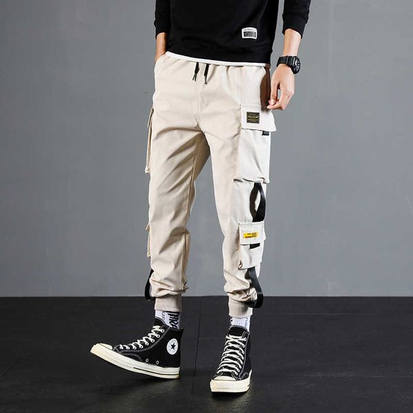 2021 cintas Harem Joggers hombres Cargo pantalones masculinos Harajuku moda pantalones Streetwear Hip Hop Casual bolsillos pantalones de chándal S-5XL X0723