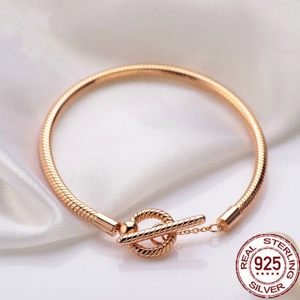 2021 Rose Or Couleur Bracelet 925 Moments En Argent Sterling Rose Ventilateur Fermoir Serpent Chaîne Fit Pandora Charme Femmes Cadeau