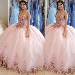 2021 Rose Or Rose Paillettes Élégantes Robes De Quinceanera Puffy Robe De Bal Chérie Sans Manches Plus Taille Paillettes Dentelle Formelle Fête Robes De Soirée