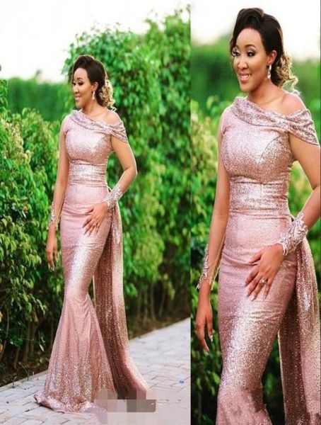 2021 Rose Gold Lentejuelas Lace Sexy Árabe Dubai Vestidos de noche Use Off Hombro Lentejuelas Sirena Mangas largas Overskirts Plus Size9255781