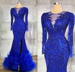 2021 Royal Blue Avondjurken Lange mouwen Mermaid Beaded Pailletten Kristallen Side Slit Ruffles Custom Made Plus Size Formele Avondjurken