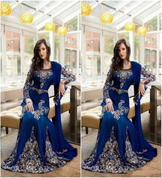 2021 Royal Blue Luxe Cristal Musulman Arabe Robes De Soirée Avec Applique Dentelle Abaya Dubaï Kaftan Longue Robe De Soirée De Bal Formelle2623437