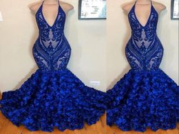 2021 Robes de soirée de sirène bleu royal usure Voir à travers des paillettes scintillantes profondes V coud coul 3d fleur african Formal Prom Party go3261051