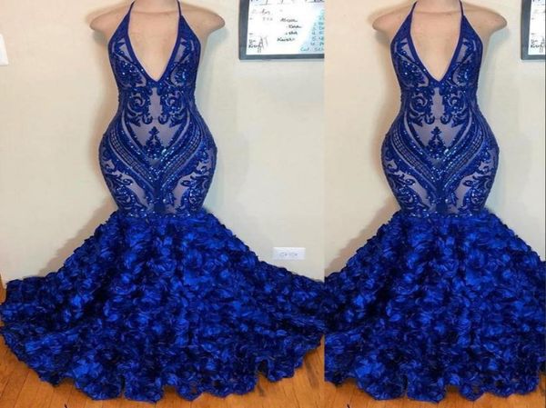 2021 Royal Blue Mermaid Vestidos Vestidos de noche Vea a través de lentejuelas brillantes Halter V Halter 3d Flor Africana Formal GO3261051