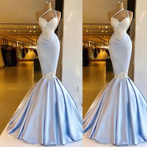 2021 Royal Blue Satin Avondjurken voor Dames Kant Slim Fit Mermaid Prom Party Jurken Lange Wrap Formele Robe de Soirée