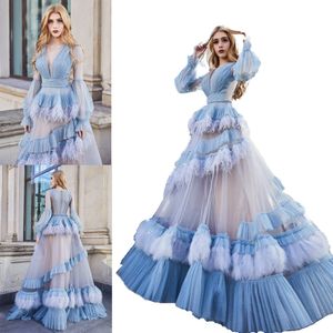 2021 Roes Folds Kimono Vrouwen Jurken Robe voor Photoshoot Extra Puffy Sleeves Feather Prom Gowns Afrikaanse Kaap Cloak Maternity Dress Photography