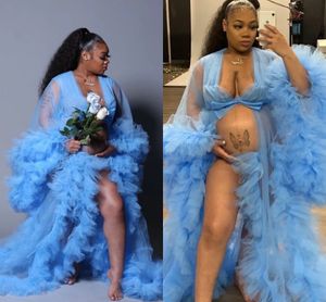 Aso Ebi Magnifiques Volants Kimono Femmes Robe Bleu Ciel Robe Robe pour Photoshoot Extra Puffy Manches Robes De Bal Cape Africaine Cape Robe De Maternité AL7655