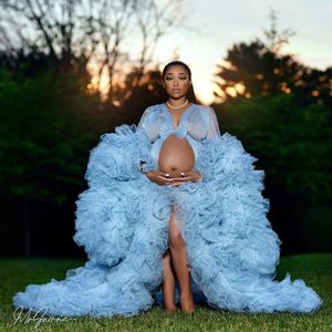 2021 Ruffles Sky Blue Tulle Kimono Vrouwen Avondjurken Robe voor Photoshoot Puffy Sleeves Prom Gowns Afrikaanse Kaap Cloak Maternity Dress Photography