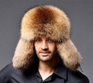 2021 Sombrero de bombardero de cuero ruso Hombres Sombreros de invierno con orejeras Gorro con orejeras Hombre Mapache natural Cálido Piel de zorro gruesa Negro New3407892