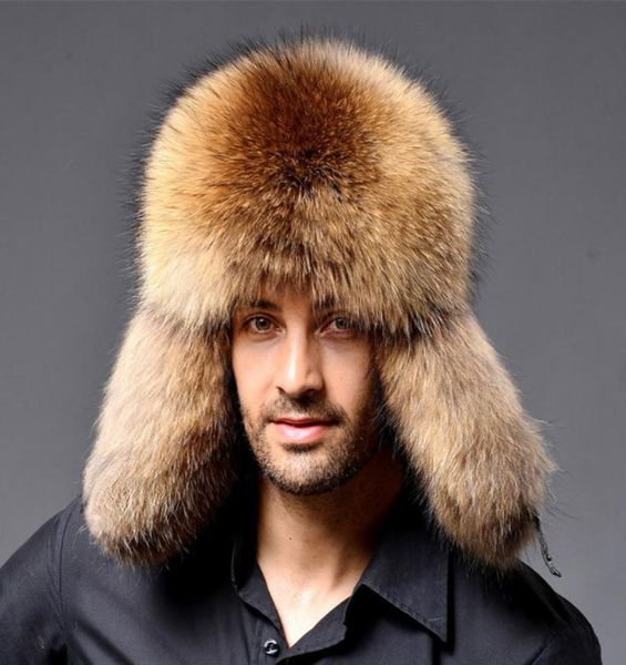 2021 Bomber en cuir russe Chapeaux d'hiver Chapeaux d'hiver avec oreillettes Trapper Cap Earflap Man Natural Ratcoon chaud Fox Fox Fur Fur Black New6689370