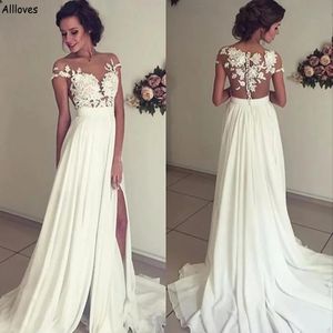 Charmante chiffon een lijn trouwjurken boho kanten appliqued rustieke land pure nek bruidsjurken cap mouwen knoppen terug plus size receptie bruid vestidos al9117