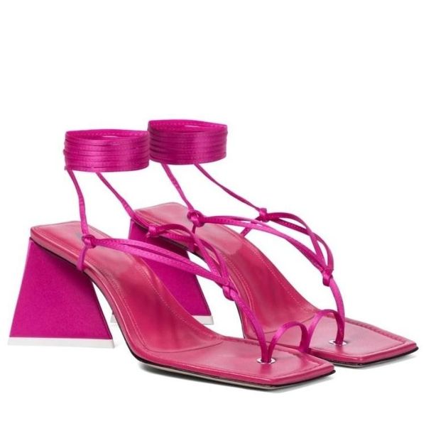 2021 Satén Sandalias de tacón alto de cuero para mujer Sólido Cordón cruzado Peep-Toe Punta cuadrada Zapatos de fiesta de boda Tamaño 34-43 Fucsia MK