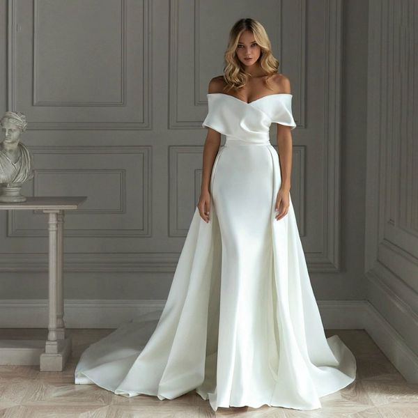 2021 Robe de mariée sirène satin avec train détachable au large des épaules du sol