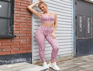 2021 Conjunto de yoga sin costuras para mujer, ropa deportiva de entrenamiento, ropa de gimnasio, Top corto de Fitness, mallas de cintura alta, trajes deportivos, leopardo rosa, nuevo 9913453