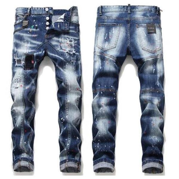 2021 Vender Insignia para hombre Rips Stretch Designer Jeans Distressed Ripped Biker Slim Fit Lavado Motocicleta Denim Hombres Hip Hop Fashio236G