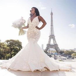 2021 sexy africaine longue sirène robes de mariée, plus la taille 3d fleur dentelle appliques balayage train trompette mariée robes de mariée personnalisé m285v