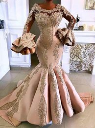 2021 Sexy Arabisch ASO EBI Champagne Luxe Mermaid Avondjurken Kant Crystal Beaded Prom Dress Lange Mouwen Formele Party Second Reception Towns